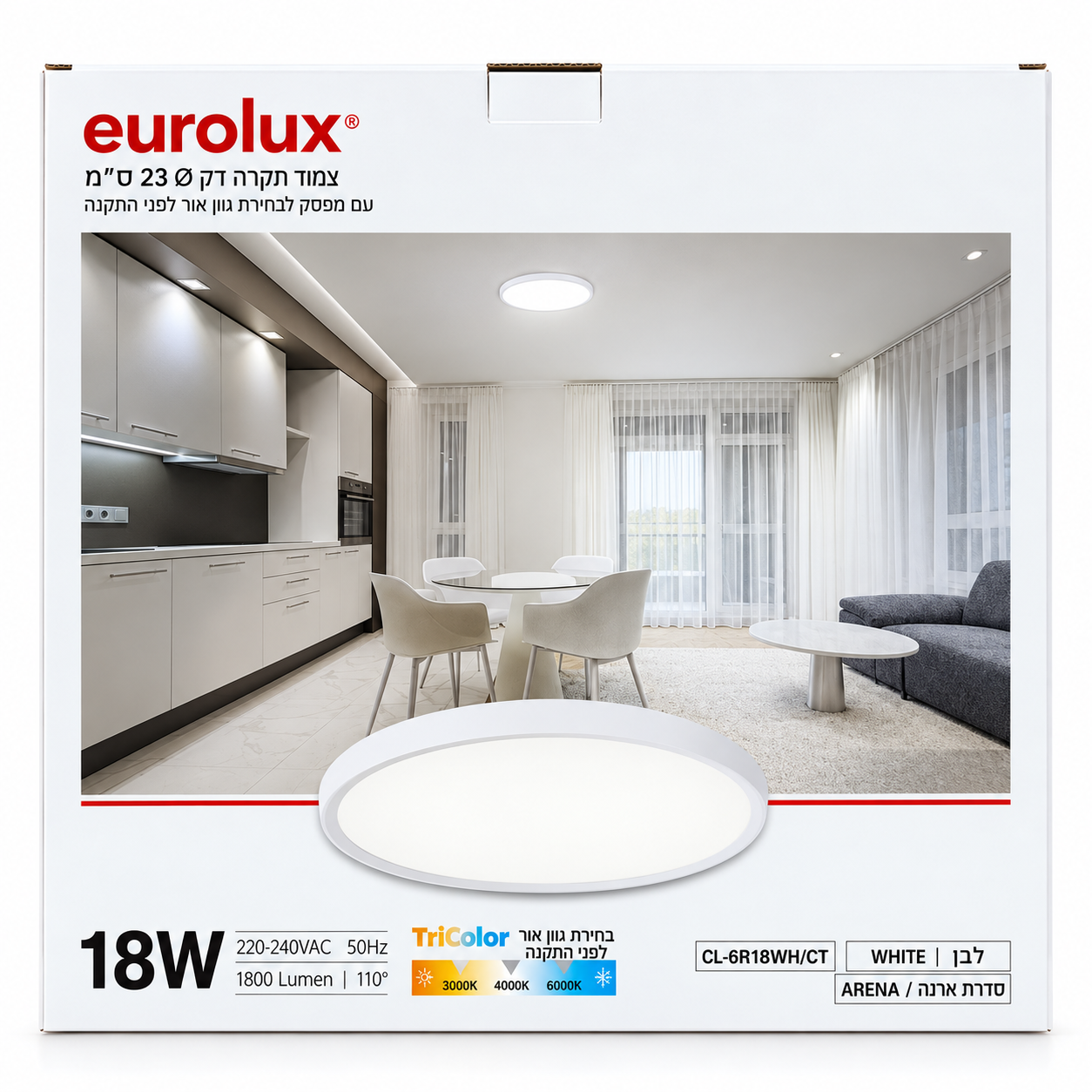 פאנל תאורה עגול צמוד תקרה Eurolux סדרת ארנה 18W