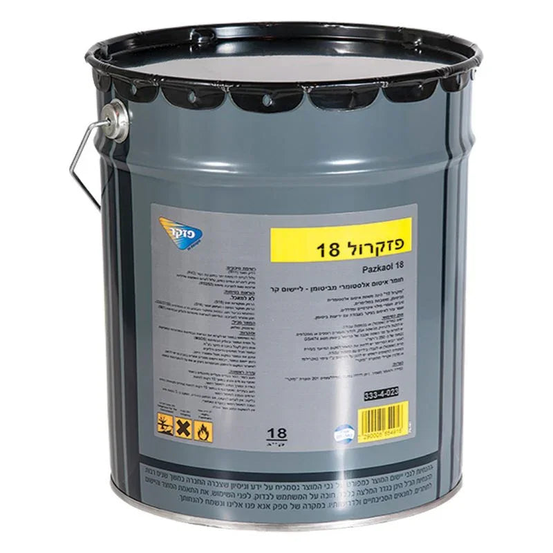 תמונה של פח חומר איטום ביטומני אלסטומרי חד רכיבי פזקרול 18 מבית פזקר, חומר איטום שחור סמיך ועמיד המיועד לעבודה עם יריעות ביטומניות ולהדבקה קרה, המספק אלסטיות ועמידות גבוהה למים עומדים ותנאי אקלים קשים.