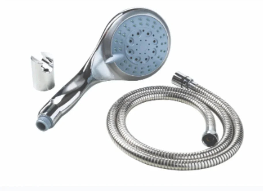ערכת רחצה כרום מיליניום מבית חמת עם מזלף יד 5 מצבי זרימה, צינור ספירלה מתכתי ומתלה למקלחת