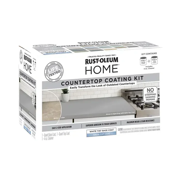 ערכת צבע לשיש RUST-OLEUM – צבע בסיס + סילר דו-שלבי לחידוש משטחי שיש, למינציה, עץ וקרמיקה, עם גימור סאטן עמיד ואסתטי לשימוש ביתי.