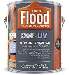 בקבוק צבע שקוף Flood CWF UV להגנה מתקדמת על עץ חיצוני במראה טבעי, מדגיש טקסטורת עץ עם הגנה מפני UV, לחות ועובש, מתאים לדקים, פרגולות ורהיטי גן