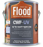 בקבוק צבע שקוף Flood CWF UV להגנה מתקדמת על עץ חיצוני במראה טבעי, מדגיש טקסטורת עץ עם הגנה מפני UV, לחות ועובש, מתאים לדקים, פרגולות ורהיטי גן