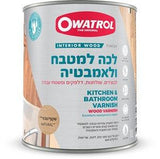 תמונה של לכה למשטחי עץ Owatrol – מיועדת למטבחים וחדרי אמבטיה, בבקבוק עם תווית, מספקת הגנה עמידה מפני מים, לחות ושריטות, בגימור מט-משי טבעי.