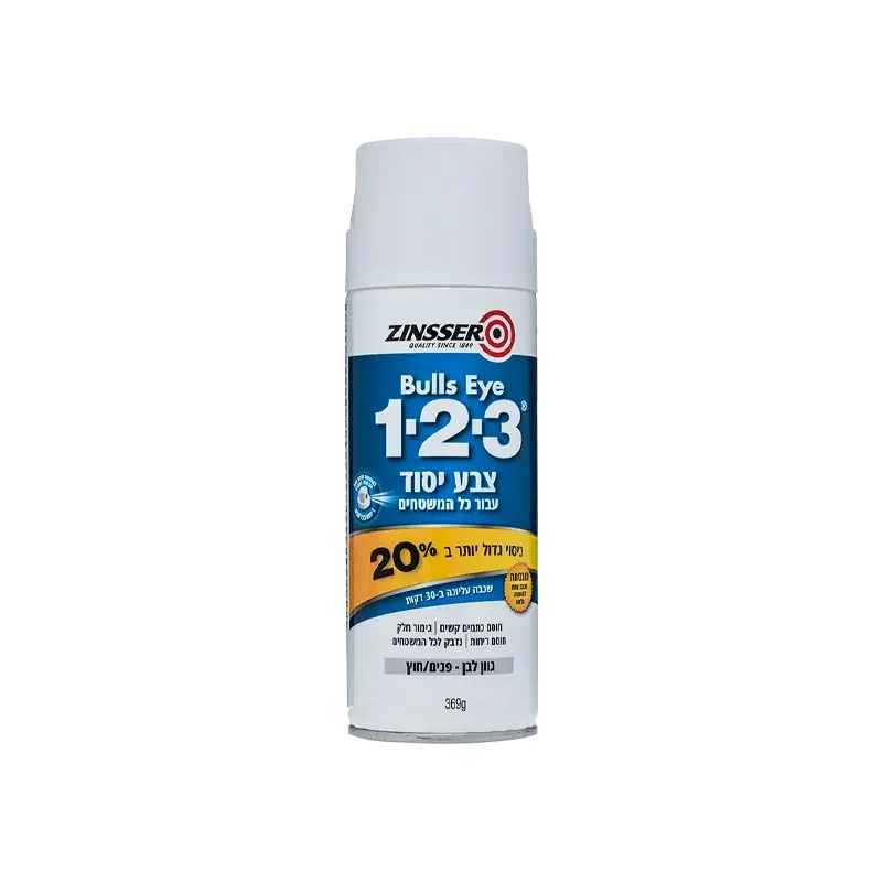 ספריי צבע פריימר 1.2.3 – צבע יסוד רב־שימושי לכיסוי כל סוגי המשטחים, כולל קרמיקה, פח מגולוון, צבע שמן ועץ, עם הגנה מפני חלודה ועובש וכיסוי מלא לכתמים קשים.