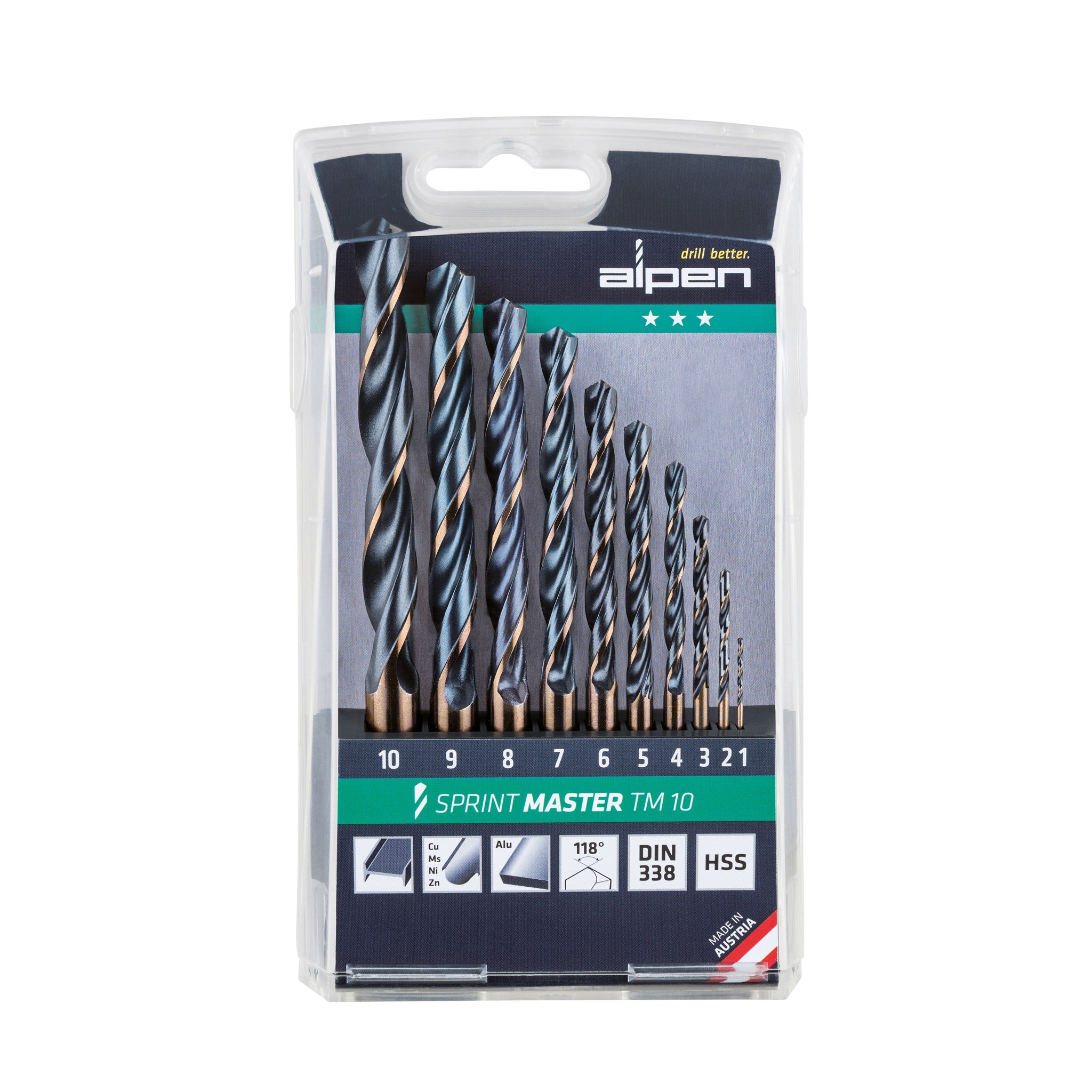 סט מקדחי HSS 1-10 מ״מ ALPEN Sprint Master TM 10 בקסטת פלסטיק