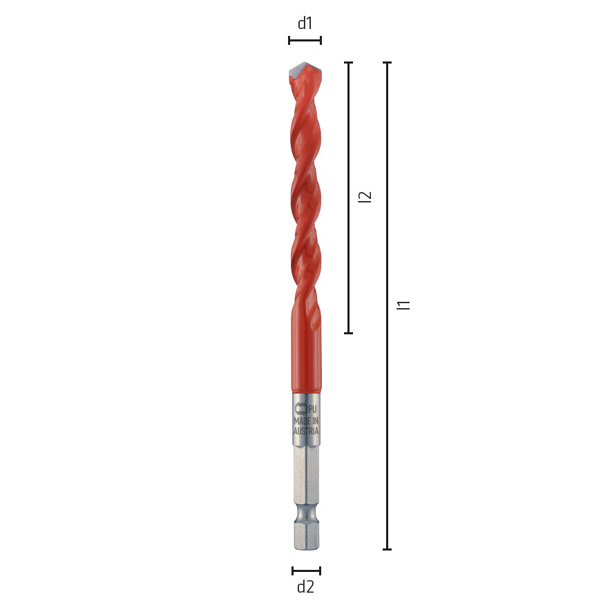 שרטוט מידות של מקדח ALPEN Profi Multicut עם נפס משושה 1/4 אינץ׳