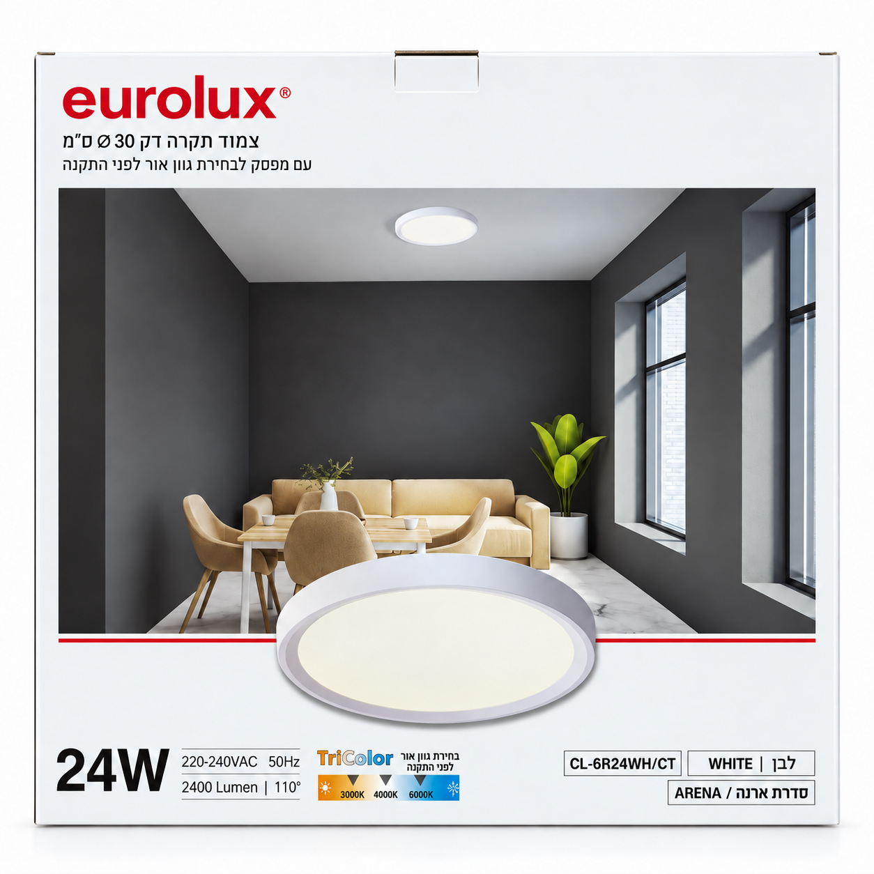פאנל תאורה עגול צמוד תקרה Eurolux סדרת ארנה 24W