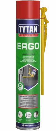 מיכל קצף פוליאוריטן ERGO של TYTAN – קצף איטום, מילוי ובידוד מקצועי בצבע צהוב/כחול, במיכל ספריי ייעודי לעבודות בנייה ושיפוצים.